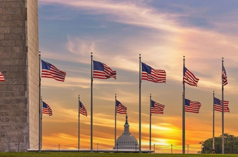 United States flags around the Washington Monument