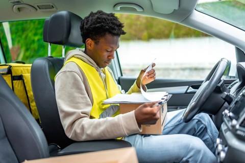 African delivery man, courier or logistics worker signing for a parcel writing on a checklist