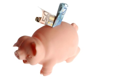 Piggy bank with Euro currency isolated over white background