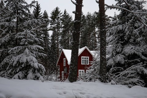 Typical red Swedish house. Wooden house in a winter landscape with ice and snow. Small settlement