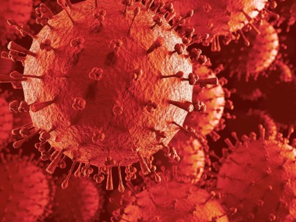 Influenza A Flu virus H1N1 H5N1 particle cloud. Colored in red 3D illustration of spreading virus
