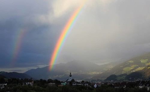Double rainbow over the Inn Valley, Hall in Tyrol, Tyrol, Austria, Europe