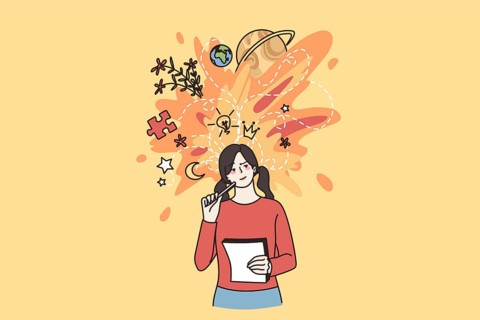 Young woman hold paper think or visualize ideas, brainstorm contemplating. Millennial girl student