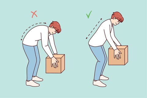 Correct technique of lifting heavy packages. Man lift box wrong and right. Back health safety