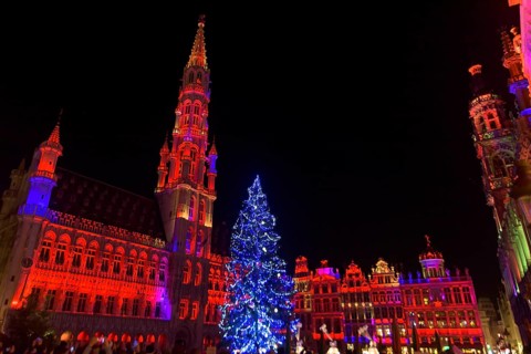 2018 Light show of Christmas market at City Hall, Grand-Place, Brussels, Belgium, Europe