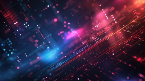 Tech abstract with vibrant blue and pink diagonal lines and sparkling particles, ai generated, AI