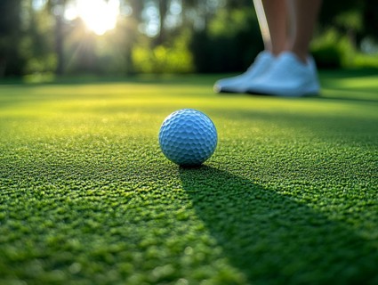 Close-up of a golf ball on a green lawn in sunlight, AI generated