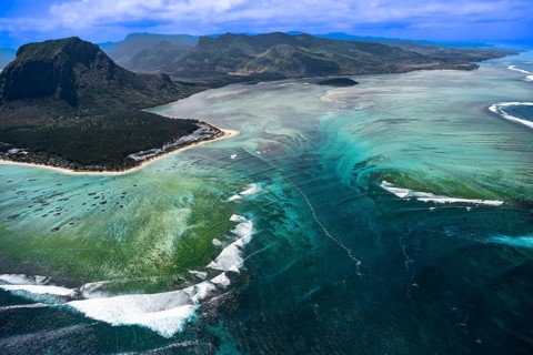 Underwater waterfall, optical illusion, natural phenomenon, aerial view, reef, coral reef, fringing