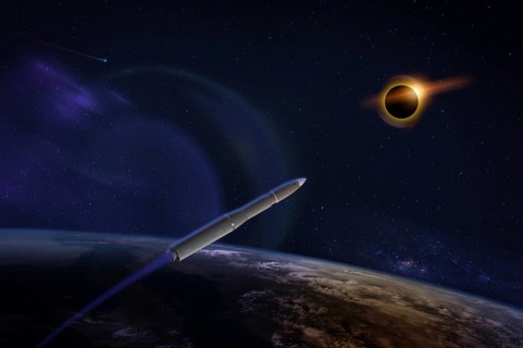 Hypersonic missile or rocket over the apocalyptic Earth during a solar eclipse. A comet runs in the
