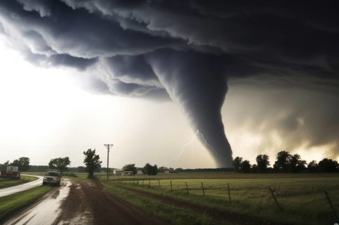 A tornado moves with great destructive force over agricultural land, car on road, natural disaster,