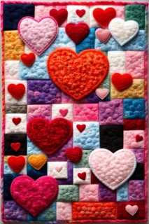 A handmade, cozy patchwork quilt of colorful hearts with various textures suggesting warmth and
