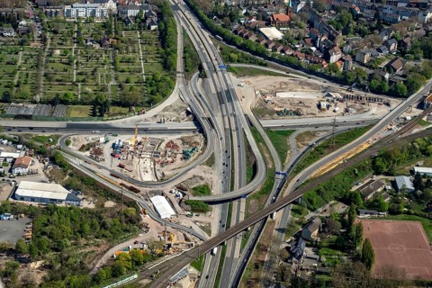 Aerial view of the Herne motorway interchange with construction site for the new routing in the