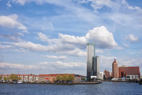 City of Rotterdam cityscape and Nieuwe Maas (New Meuse) river in South Holland, the Netherlands