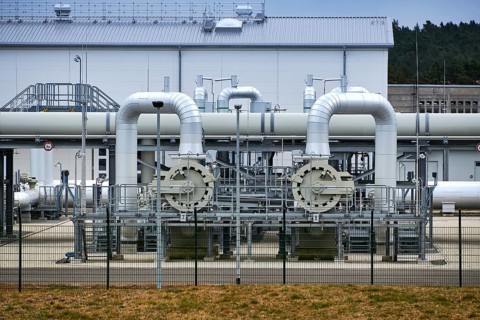 Germany, 3 April 2022: Gas pipes, connections, equipment and pressure reducers at the landfall site