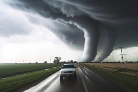 A tornado moves with great destructive force over agricultural land, car on road, natural disaster,