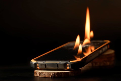 Burning smartphone on wooden discs isolated on black background with copy space