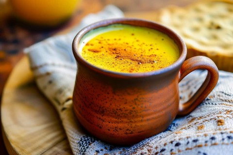 Golden milk, a drink made from milk, turmeric powder, ginger powder, black pepper, coconut oil and
