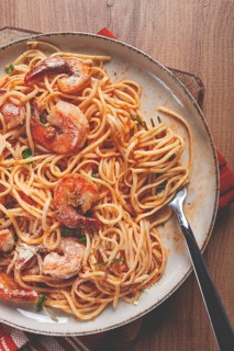 Food, Spaghetti with tiger prawns, in tomato sauce, homemade, top view, no people