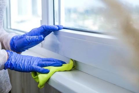 Cleaning the windowsill wiping dust by blue microfiber cloth for cleaning on the glass window rail