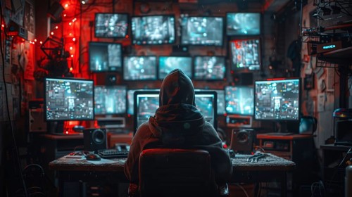 Hacker in dark hoodie facing multiple computer screens in his den, AI Generated, AI generated
