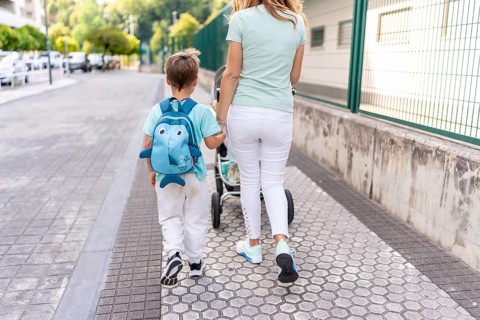 Rear view of a mother and son carrying baby carriage walking to the school together