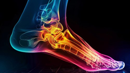 A colorful neon digital visualization of a foot's bones in glowing pink, orange, and blue colors,
