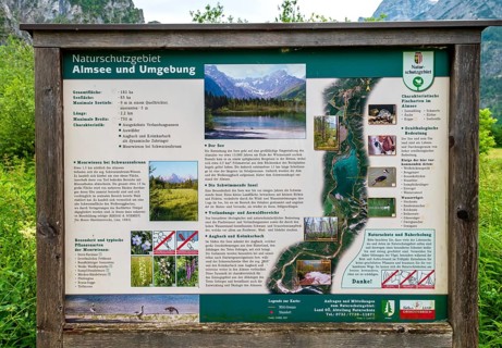 Information board on the circular hiking trail around the Almsee, Grünau, Almtal, Salzkammergut,