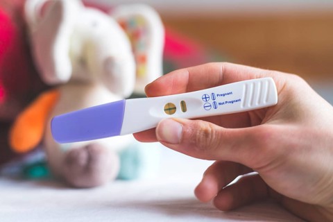 Woman hand holding pregnancy test, result is pregnant
