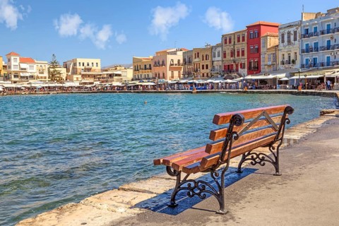 Venetian harbour, bench, Chania, Crete, bench, park bench, Greece, Europe