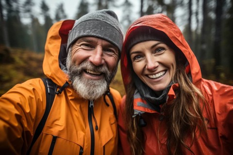 Older couple with grey hair in mackintosh standing happily in open nature, Nordic landscape and