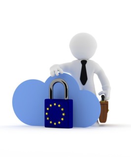 Small businessman character with cloud icon and EU Padlock, GDPR concept, 3d rendering