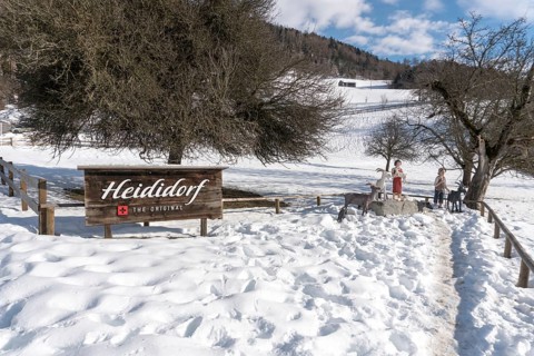 Maienfeld, GR, Switzerland - January 20, 2019: Maienfeld tourist attraction Heidi village in winter