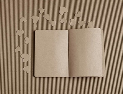 Paper hearts around notebook on cardboard