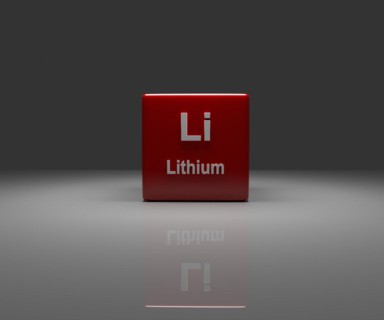 Red Cube with Li Lithium periodic system, 3d rendering