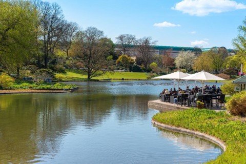 The park lake in the urban park Planten un Blomen in the heart of the city of Hamburg. The park is
