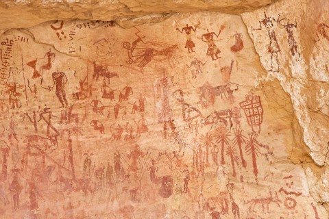 Prehistoric rock drawings, Tadrart Valley, Akakus Mountains, Sahara, Libya, Africa