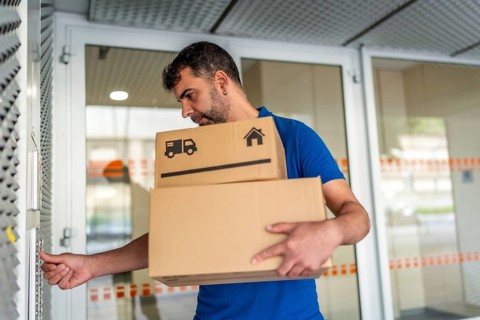 Delivery person uses the intercom of a house to deliver a package