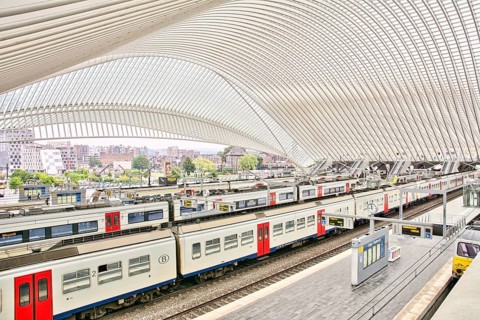 Liege, Belgium, June 2021: Indoor scene of the Train station of liege guillemins with railroad