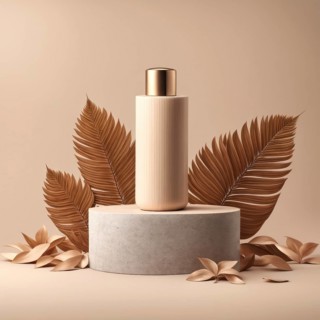 Beige bottle on a round podium, accented by golden dried leaves in a minimalist and neutral-toned
