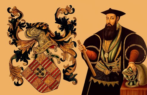 Coat of arms and portrait of Vasco da Gama, c. 1460s – 1524, Portuguese explorer, digitally edited