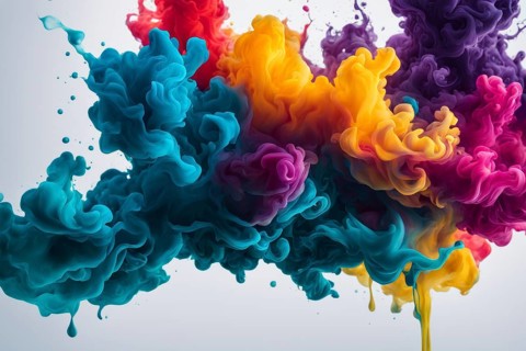 Dynamic abstract fluid art with colorful paint splashes in bright yellow, purple, and blue hues, AI