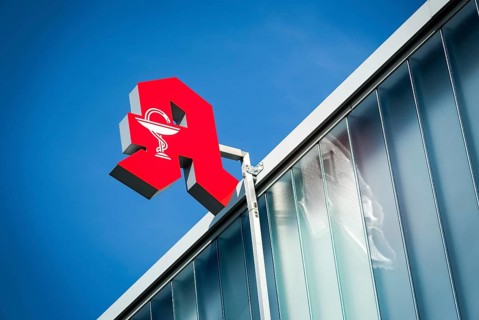 Pharmacy sign on a house facade in Düsseldorf, Germany, Europe