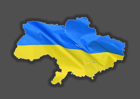 Outline map of Ukraine designed with the national flag