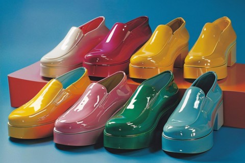 Collection of glossy retro platform shoes in vibrant colors, AI generated