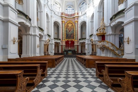 Interior view of St Trinitatis Cathedral, altar, nave, Dresden, Free State of Saxony, Germany,