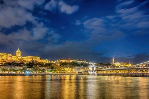 Budapest Hungary, city skyline night at Buda Castle Chain Bridge and Danube River