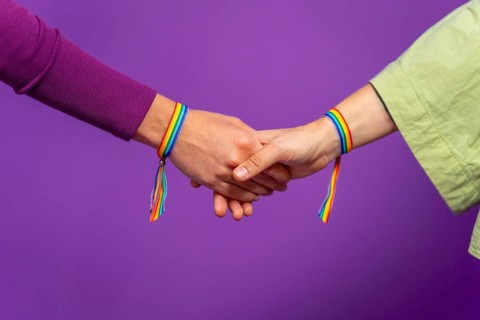 Studio photo with purple background and close-up of two lesbian woman holding hands wearing lgbt