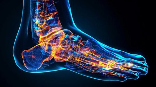 A glowing neon digital image of a foot's bones in blue and orange colors, representing a futuristic
