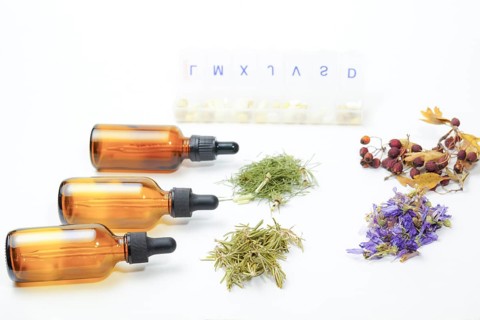 Group of various medicinal plants next to a box of pills isolated on white background and copy
