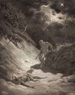Cain slays Abel, Old Testament, woodcut by Gustave Doré